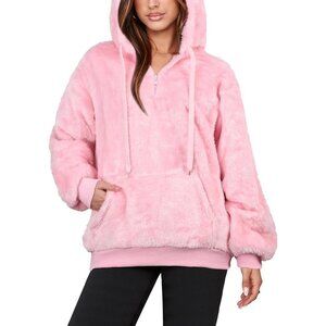 Women Pink Oversized Fuzzy Fleece Zip up Hoodie Sweatshirt